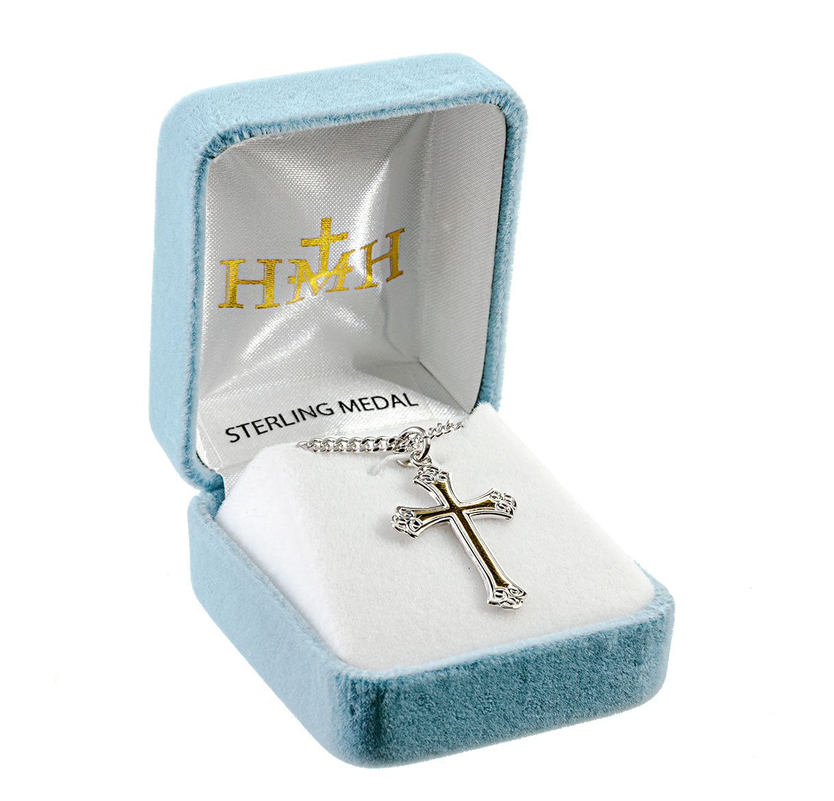 Sterling Silver Med. TuTone Fancy Cross-*18" Ch-Bxd