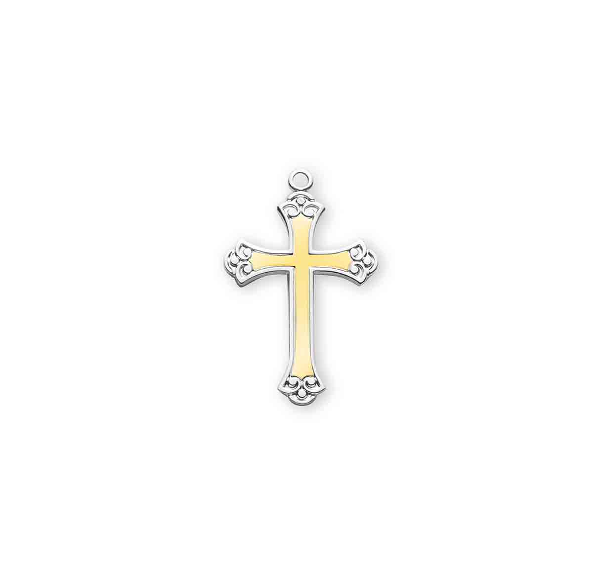 Sterling Silver Med. TuTone Fancy Cross-*18" Ch-Bxd