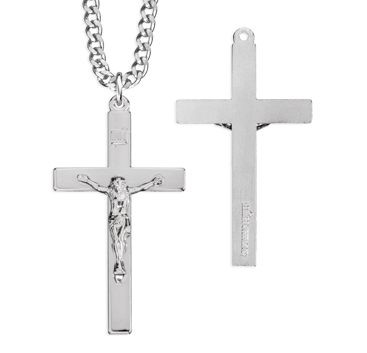 Sterling Silver High Polished Rhodium Plated Crucifix-24"Ch-Bxd