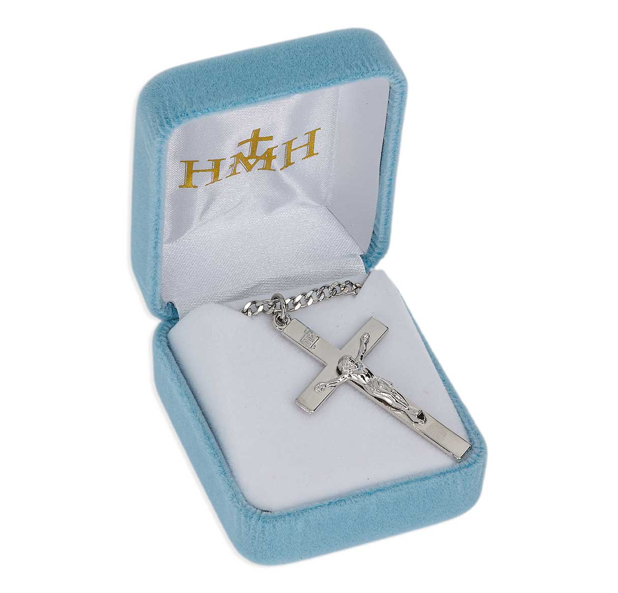Sterling Silver High Polished Rhodium Plated Crucifix-24"Ch-Bxd