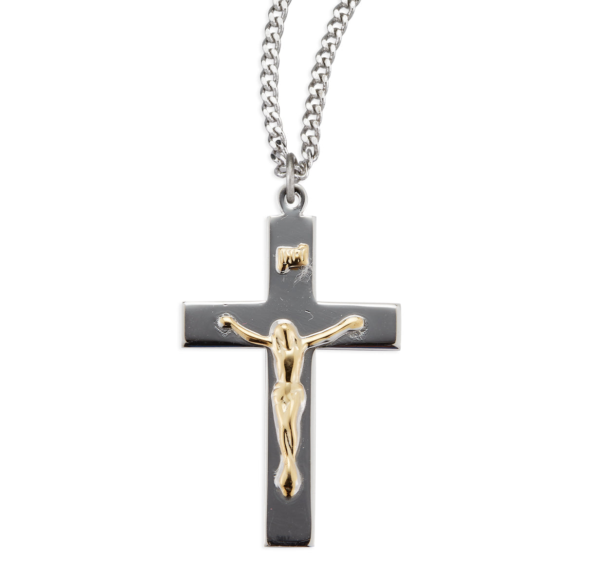 Sterling Silver High Polished Crucifix with 16kt Gold Plated Corpus on 24" Ch-Bxd