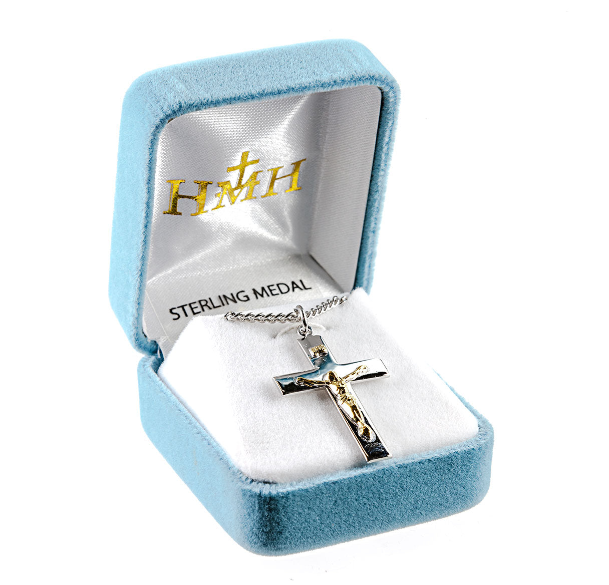 Sterling Silver High Polished Crucifix with 16kt Gold Plated Corpus on 24" Ch-Bxd