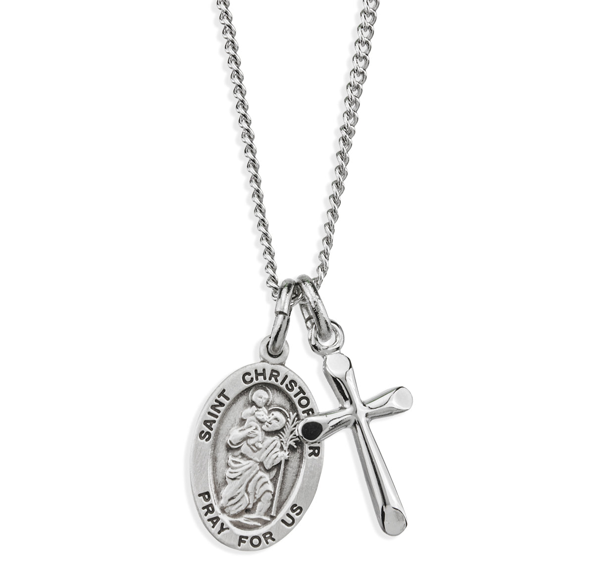 Sterling Silver Sm St Christopher Medal W/ Small Cross(Set)-18"Ch (Rhodium Plated Thin)-Bxd-(S4334/S3727)