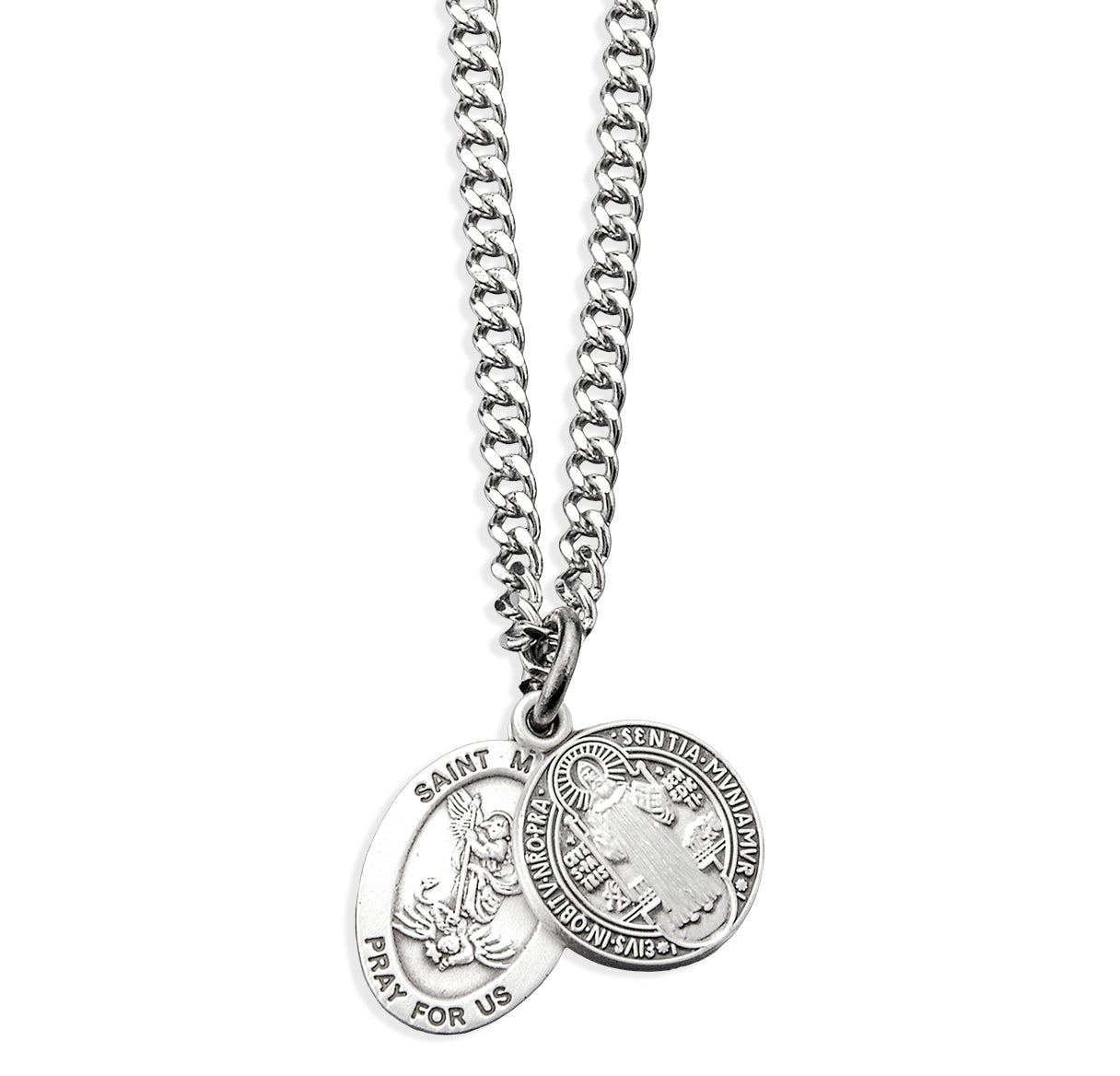 Sterling Silver Sm St Michael Medal W/ Sterling  St Benedict Medal (Set)-18"Ch (Rhodium Plated Thin)-Bxd-(S4522/S1677)