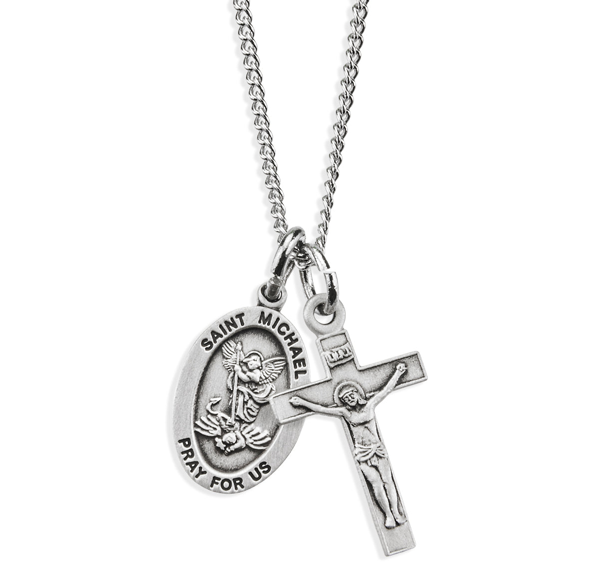 Sterling Silver Sm St Michael Medal W/ Small Crucifix (Set)-18"Ch (Rhodium Plated Thin)-Bxd-(S4522/S1802)
