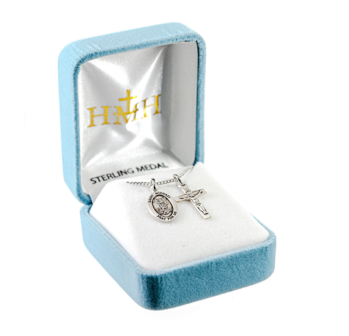 Sterling Silver Sm St Michael Medal W/ Small Crucifix (Set)-18"Ch (Rhodium Plated Thin)-Bxd-(S4522/S1802)