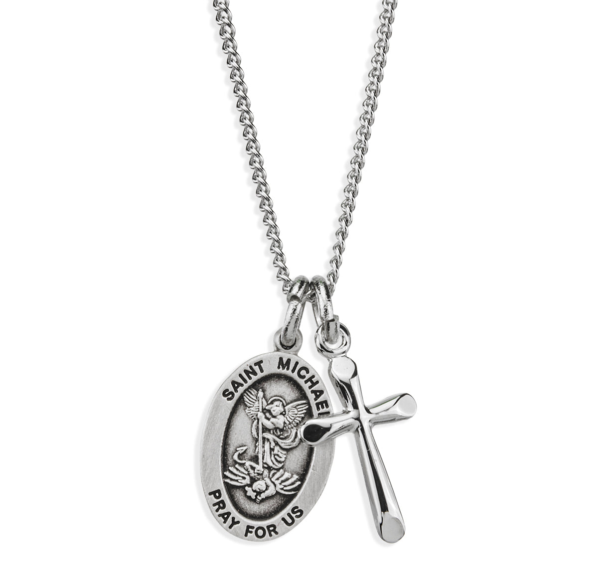 Sterling Silver Sm St Michael Medal W/ Small Cross(Set)-18"Ch (Rhodium Plated Thin)-Bxd-(S4522/S3727)