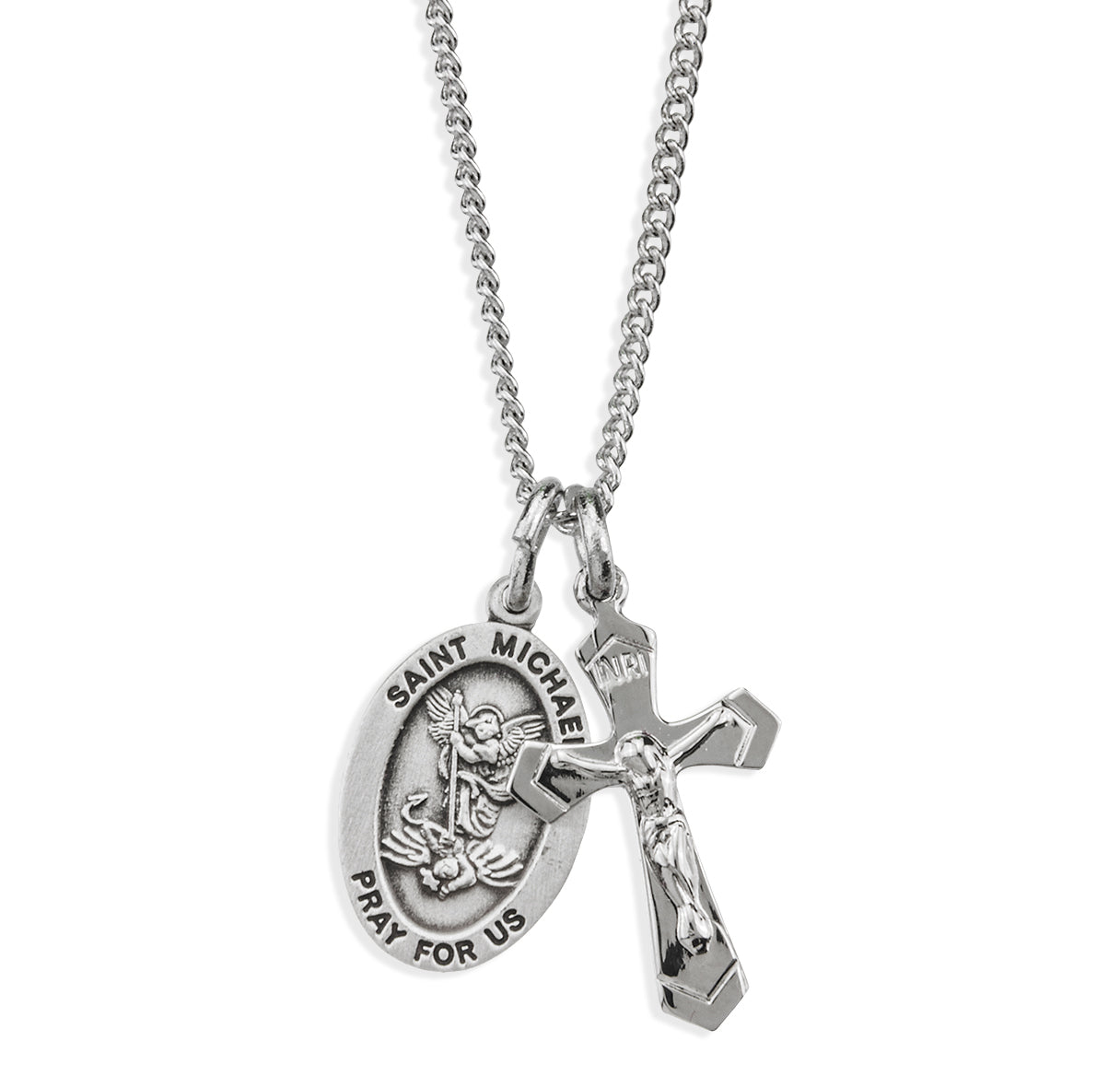 Sterling Silver Sm St Michael Medal W/ Small Crucifix (Set)-18"Ch (Rhodium Plated Thin)