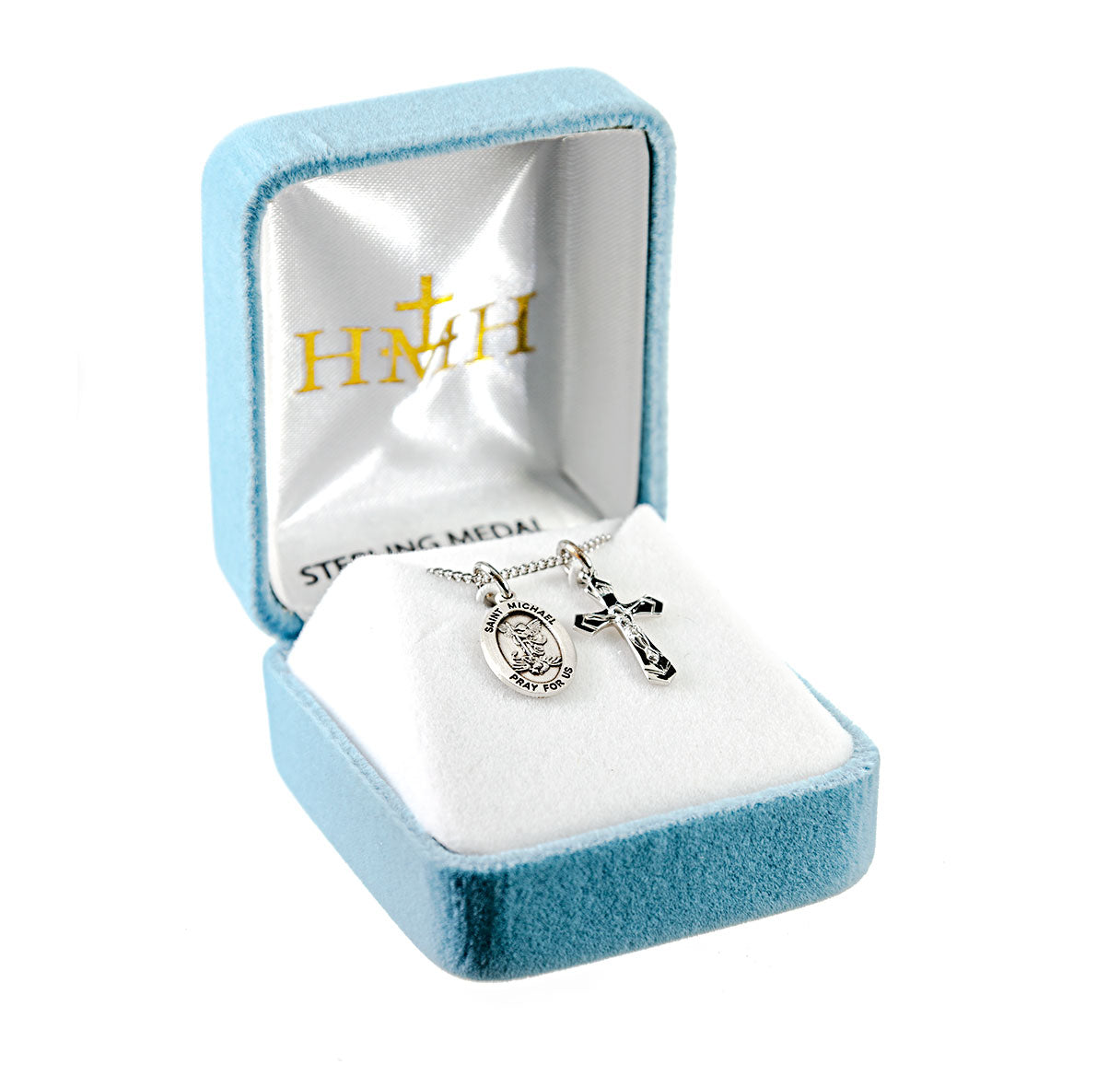 Sterling Silver Sm St Michael Medal W/ Small Crucifix (Set)-18"Ch (Rhodium Plated Thin)