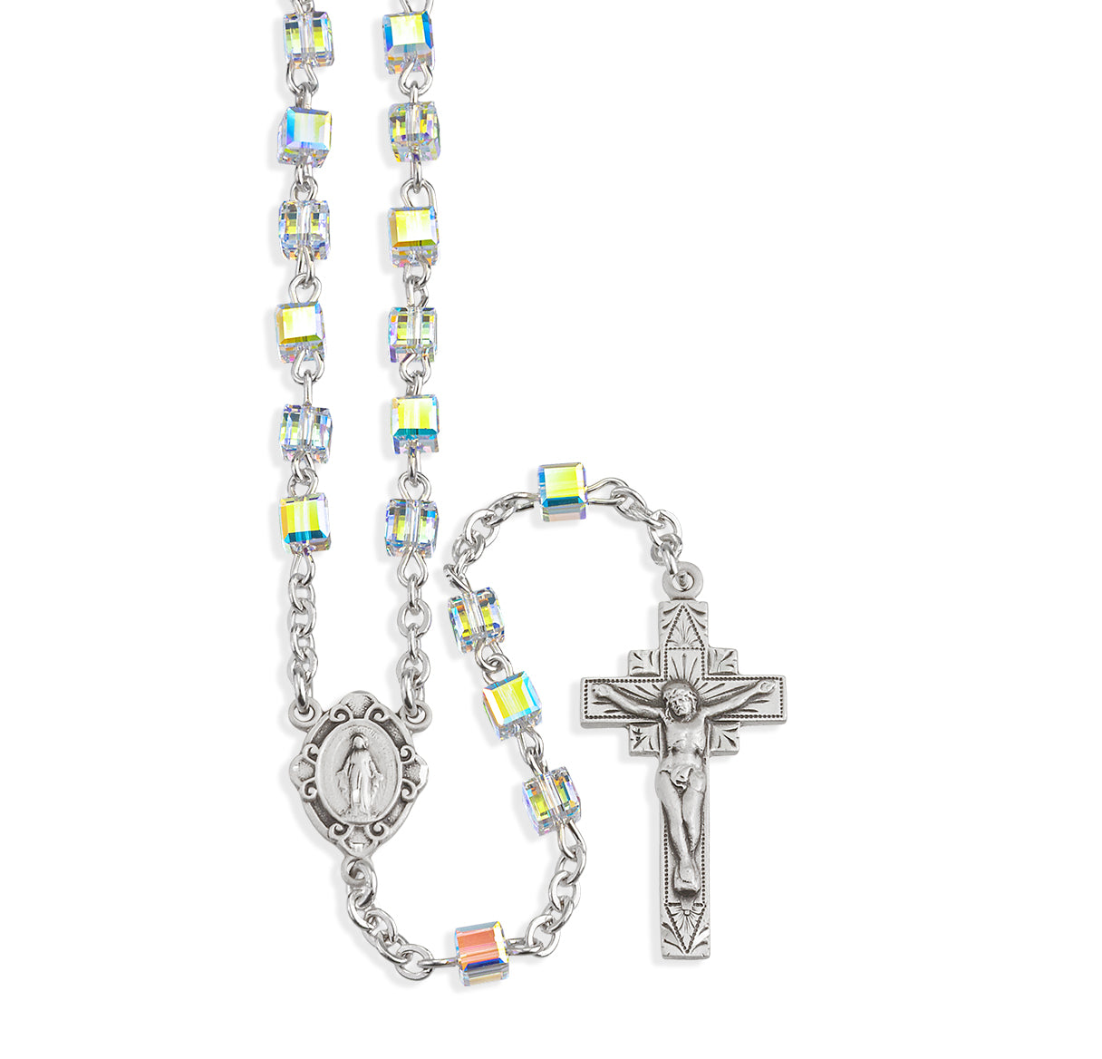 Sterling Silver Rosary handmade with Crystals by Swarovski® Austrian Crystal 4mm Aurora Borealis Cube Shape Beads by HMH