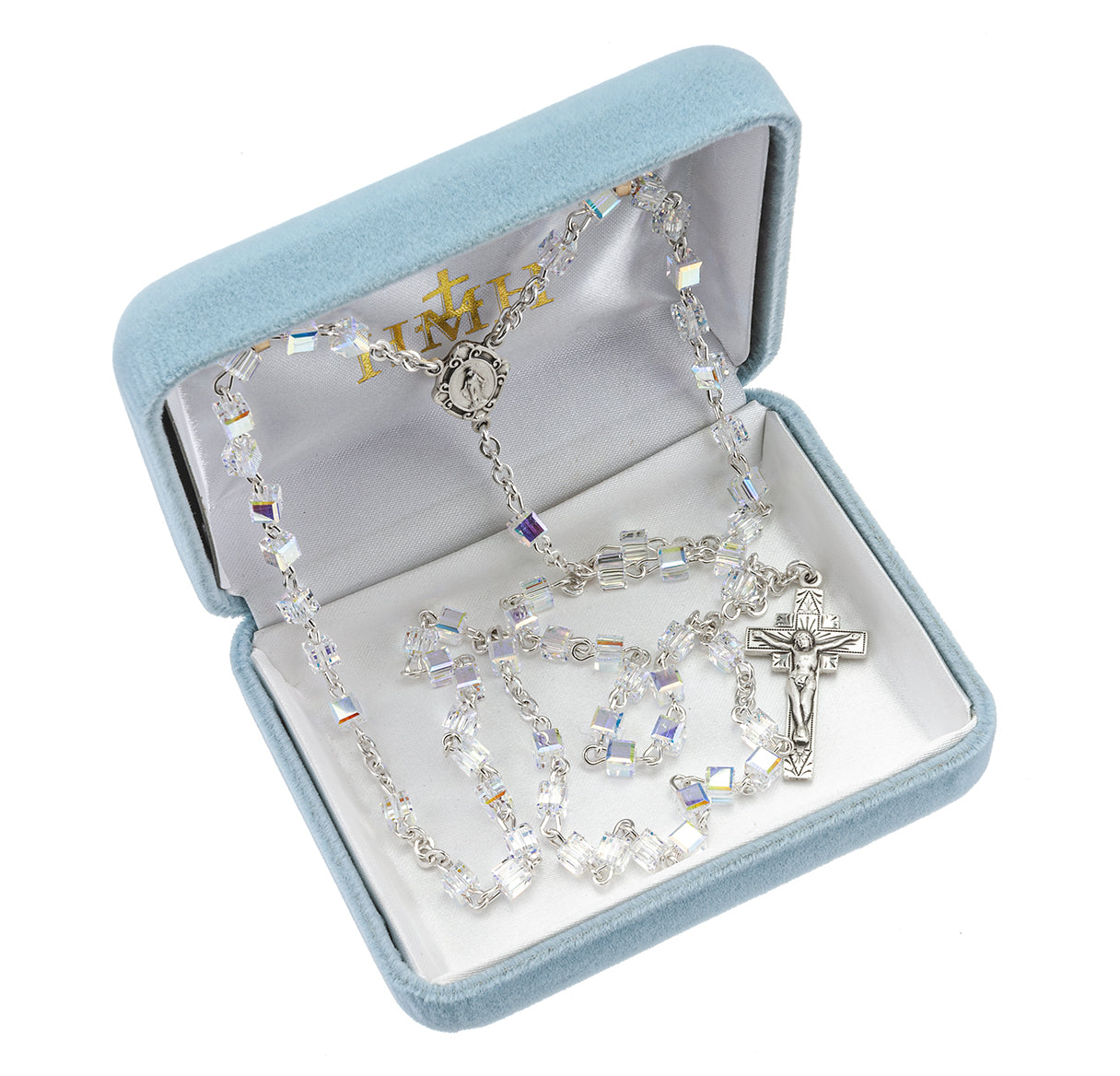 Sterling Silver Rosary handmade with Crystals by Swarovski® Austrian Crystal 4mm Aurora Borealis Cube Shape Beads by HMH