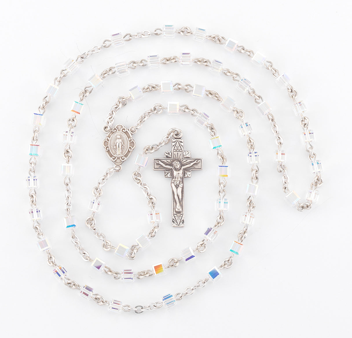 Sterling Silver Rosary handmade with Crystals by Swarovski® Austrian Crystal 4mm Aurora Borealis Cube Shape Beads by HMH
