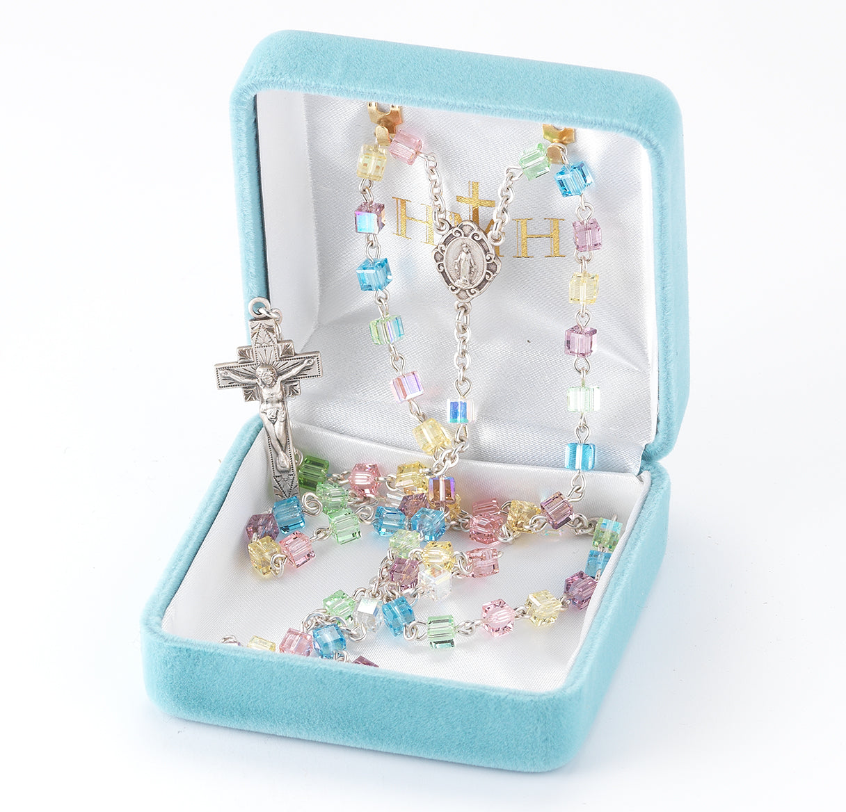 4mm Finest (AB) Cube Multi Color Sterling Silver Rosary Bxd 16/106