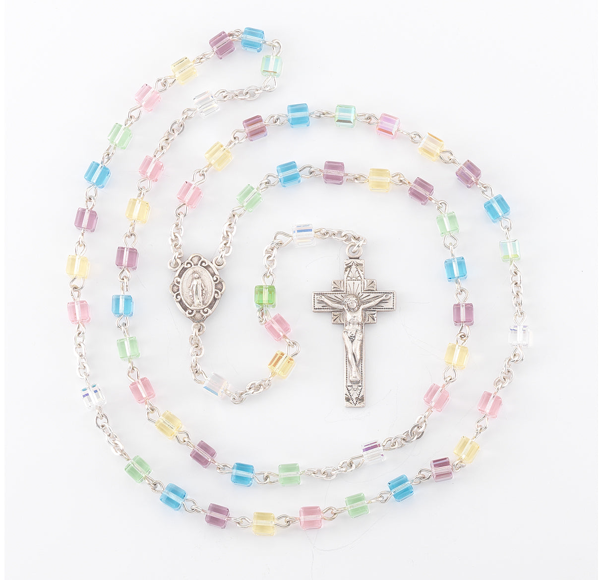 4mm Finest (AB) Cube Multi Color Sterling Silver Rosary Bxd 16/106