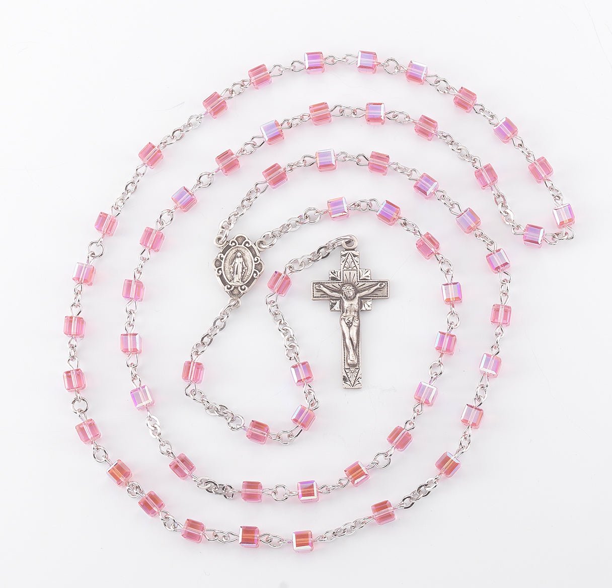 4mm Finest Cube Pink Sterling Silver Rosary Bxd 16/106