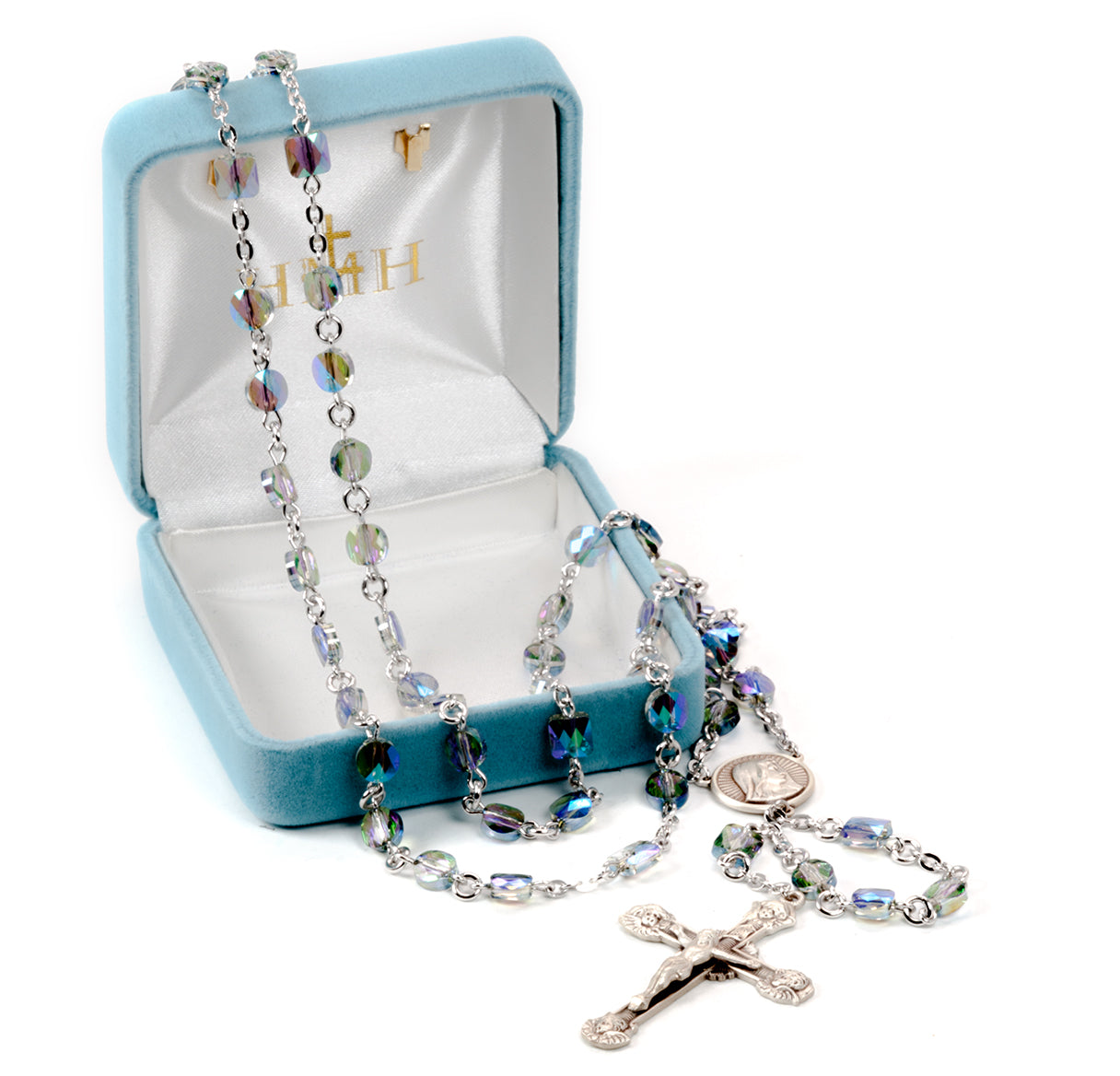 Sterling Silver Crystals by Swarovski® Crystal semi flat 6mm vitriol bead rosary w/square O.F. beads(363/113)-Boxed