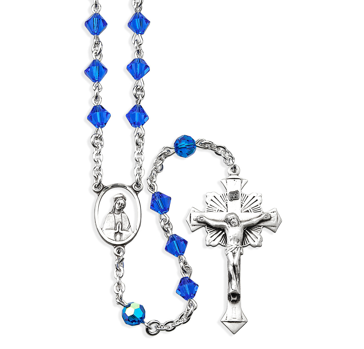 6mm Finest Sapphire (AB) Bi-Cone Beads W/ 6mm Faceted Round Finest Sapphire (AB) O.F. Beads W/ Sterling Cfx & Ctr-(40/124)-Bxd