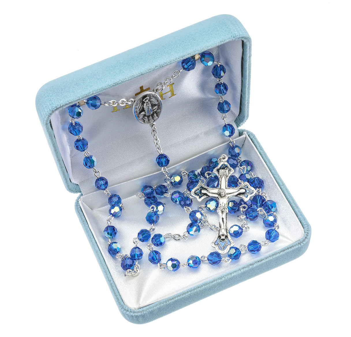 Sterling Silver Rosary Hand Made with Crystals by Swarovski® Austrian Bermuda Blue Crystal 6mm Faceted Round Beads by HMH