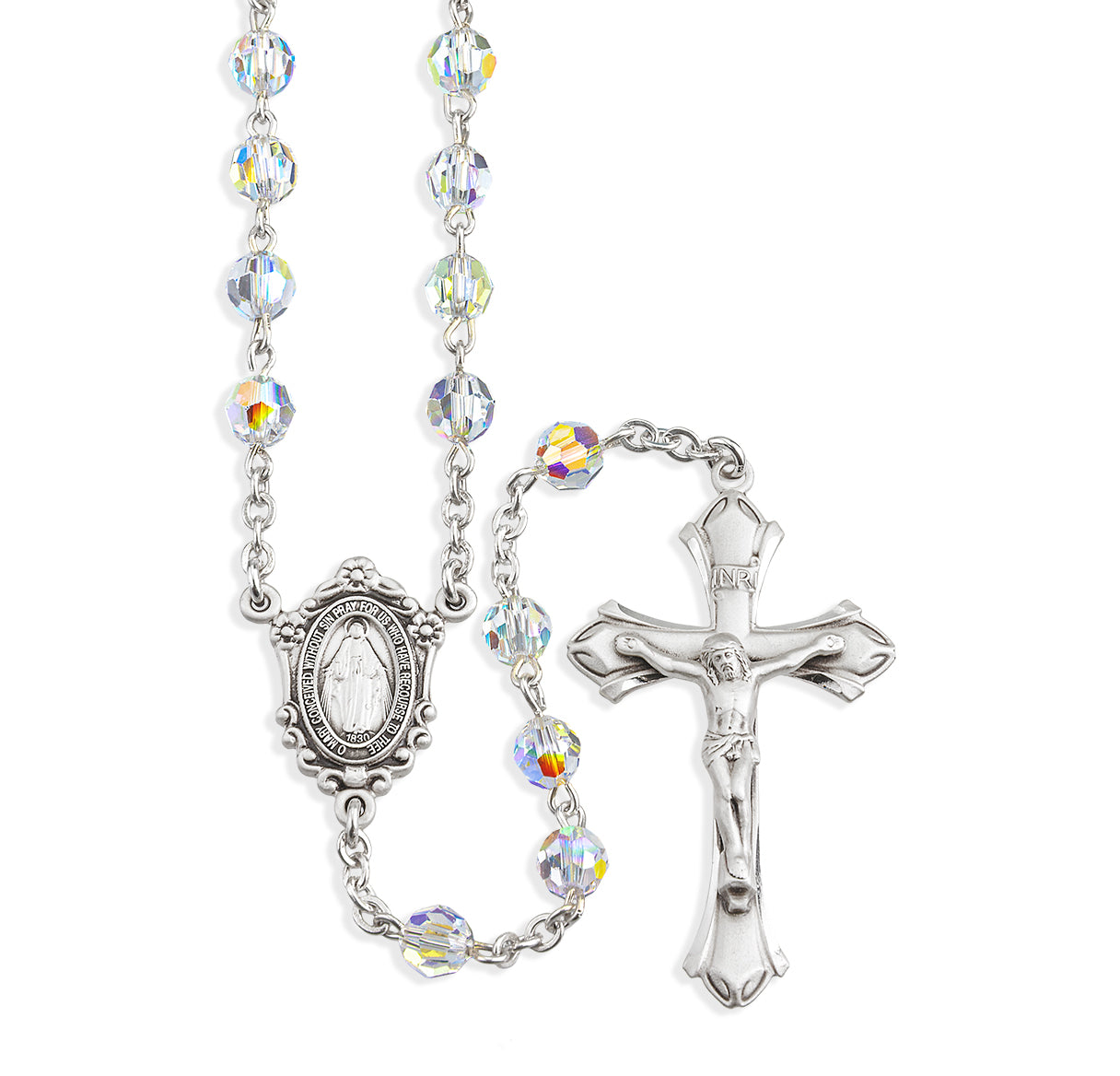 Sterling Silver Rosary Hand Made with Crystals by Swarovski® Austrian Crystal 6mm Aurora Borealis Faceted Round Beads by HMH