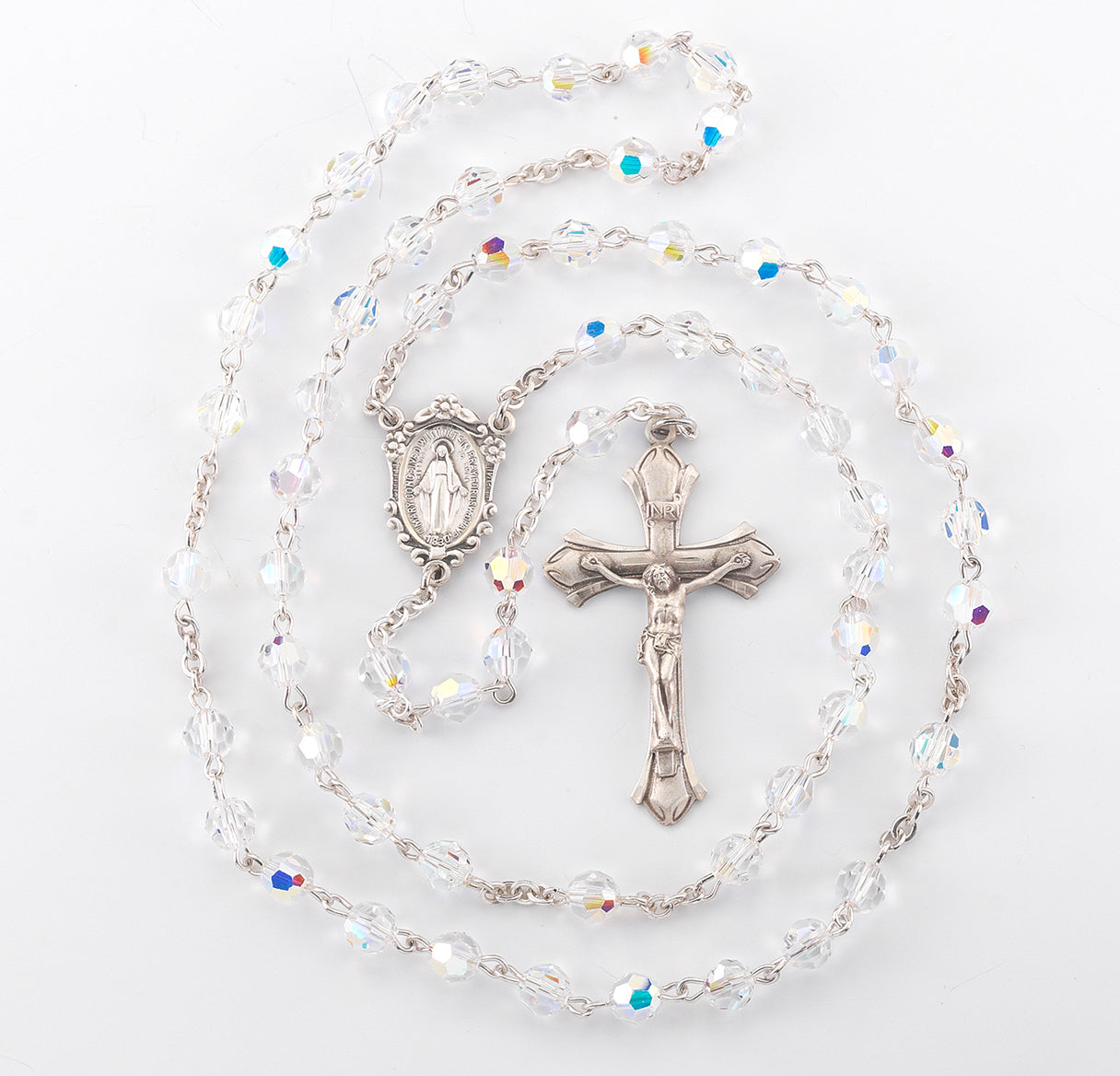 Sterling Silver Rosary Hand Made with Crystals by Swarovski® Austrian Crystal 6mm Aurora Borealis Faceted Round Beads by HMH