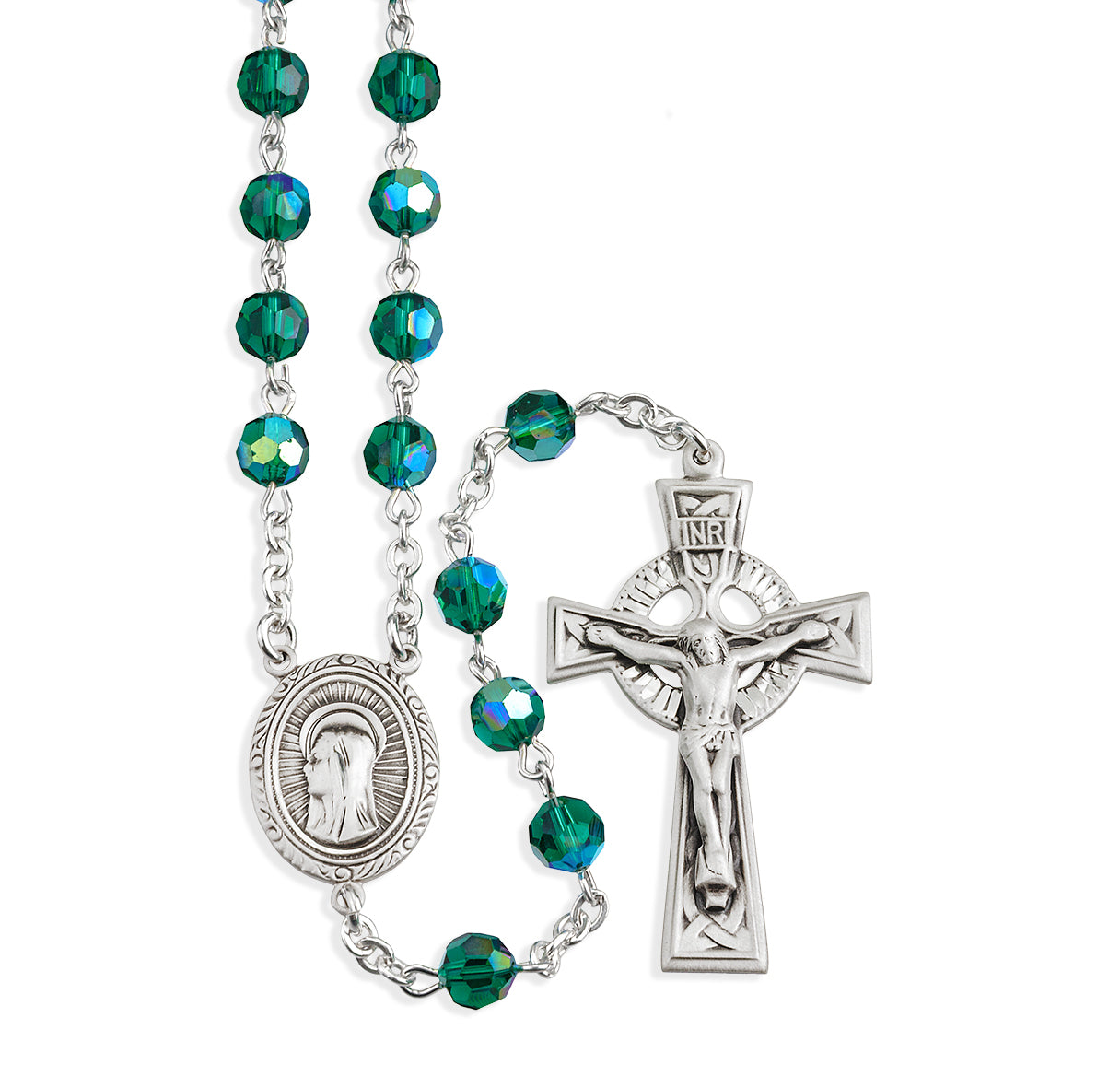 Sterling Silver Rosary Hand Made with Crystals by Swarovski® Austrian Emerald Crystal 6mm Faceted Round Beads-Bxd (368/3827)