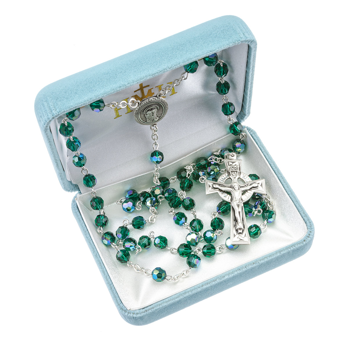 Sterling Silver Rosary Hand Made with Crystals by Swarovski® Austrian Emerald Crystal 6mm Faceted Round Beads-Bxd (368/3827)