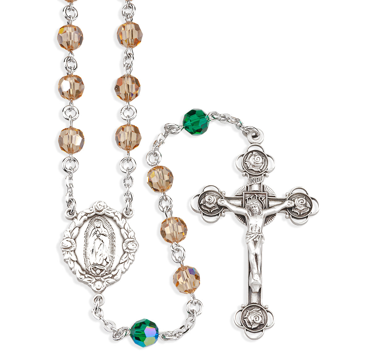 Sterling Silver O.L. of Guadalupe Rosary Made with 6mm Crystals by Swarovski® Crystal Topaz and Emerald Beads-Bxd (358/113)