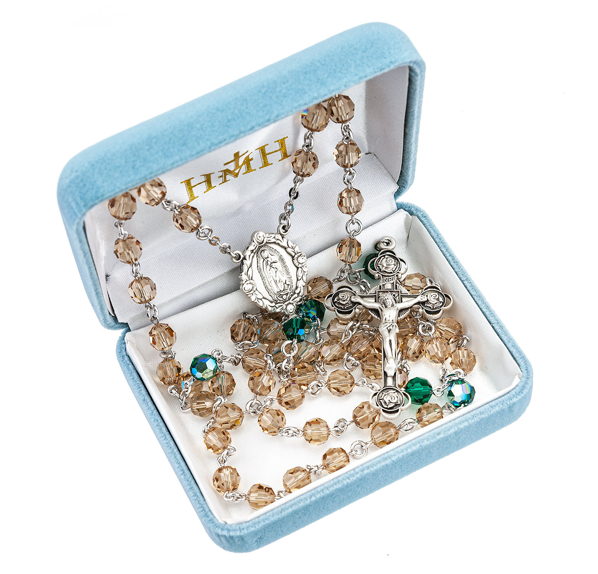 Sterling Silver O.L. of Guadalupe Rosary Made with 6mm Crystals by Swarovski® Crystal Topaz and Emerald Beads-Bxd (358/113)