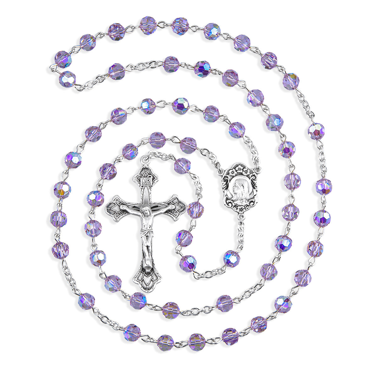 Sterling Silver Rosary Hand Made with Crystals by Swarovski® Austrian Crystal 6mm Light Amethyst Faceted Round Beads by HMH