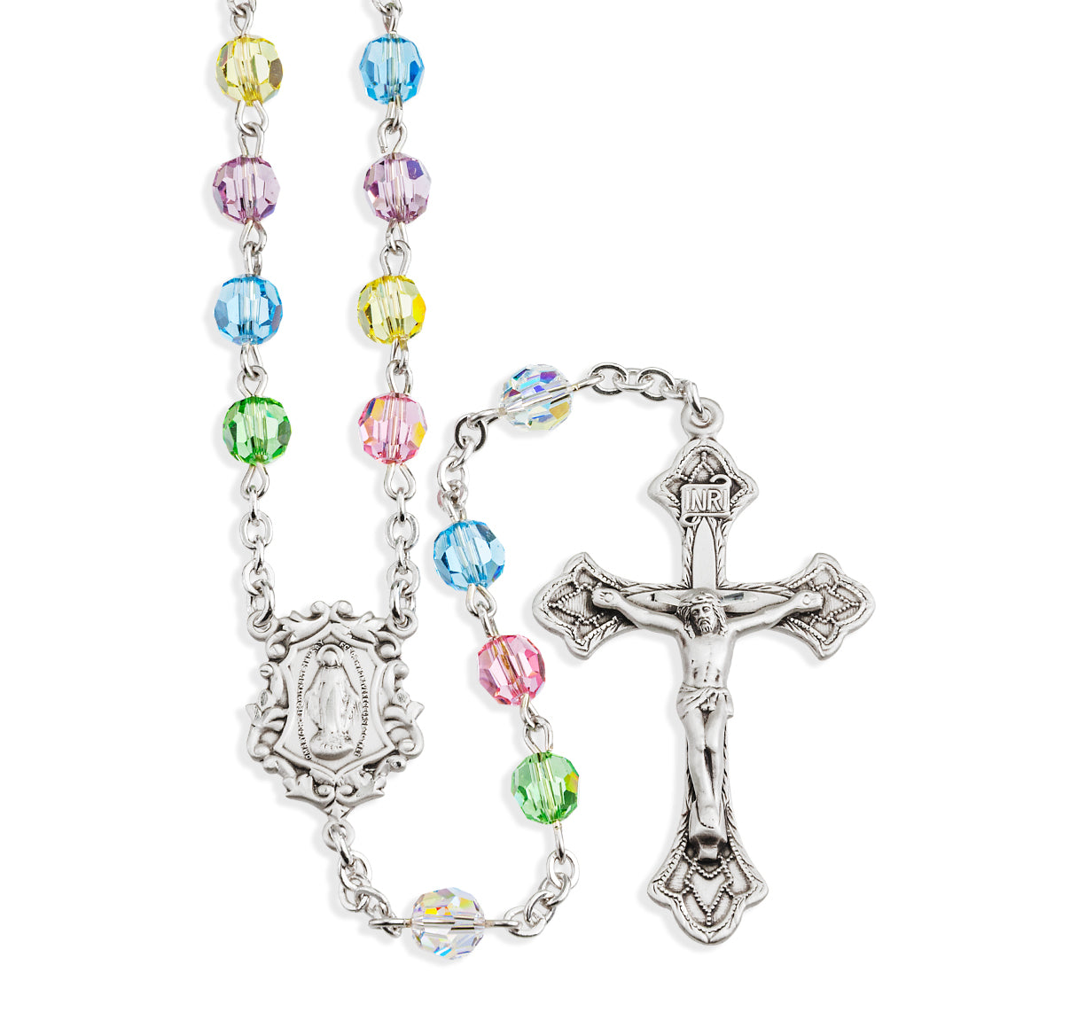 Sterling Silver Rosary Hand Made with Crystals by Swarovski® Austrian Crystal 6mm Multi-Color Faceted Round Beads by HMH