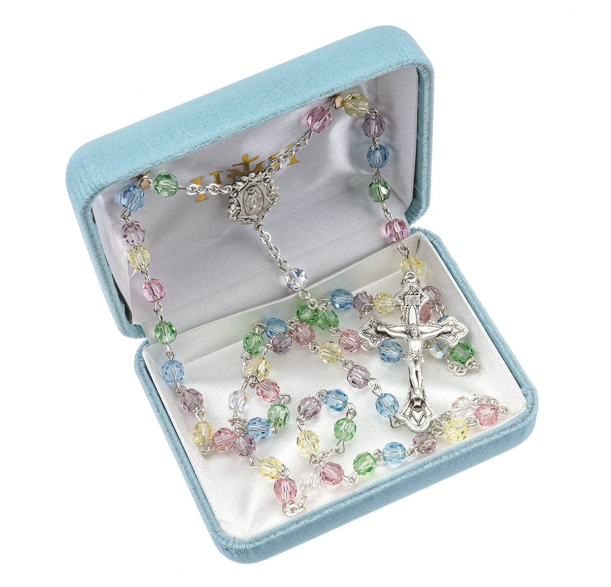 Sterling Silver Rosary Hand Made with Crystals by Swarovski® Austrian Crystal 6mm Multi-Color Faceted Round Beads by HMH