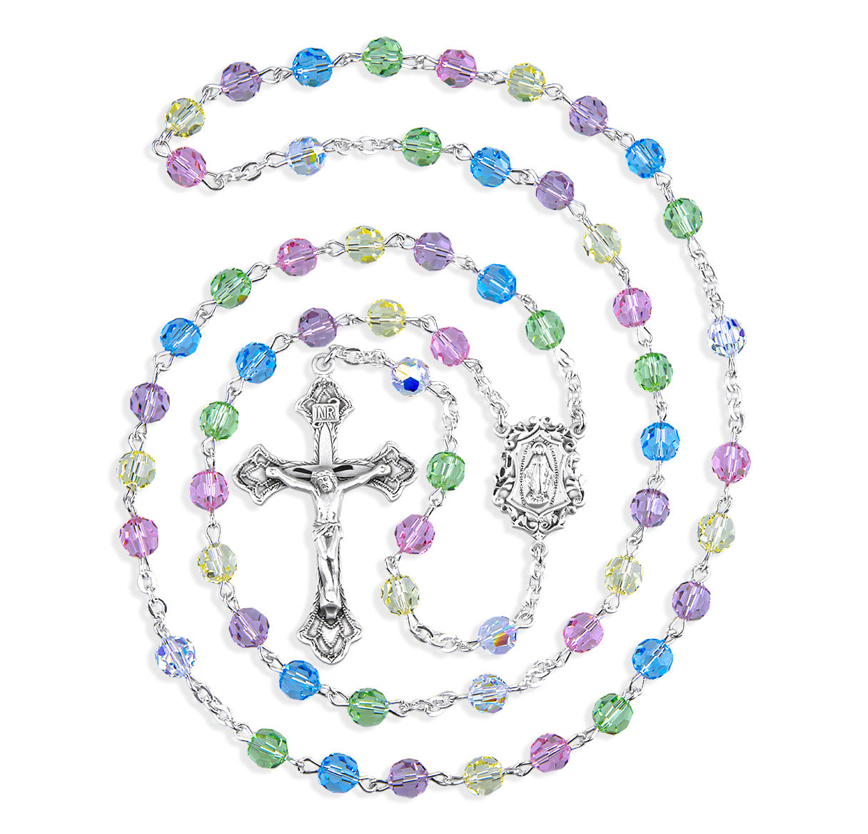 Sterling Silver Rosary Hand Made with Crystals by Swarovski® Austrian Crystal 6mm Multi-Color Faceted Round Beads by HMH