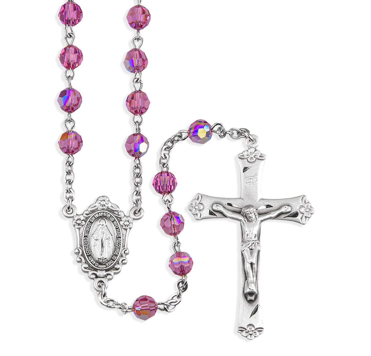 Sterling Silver Rosary Hand Made with Crystals by Swarovski® Austrian Crystal 6mm Pink Faceted Round Beads by HMH