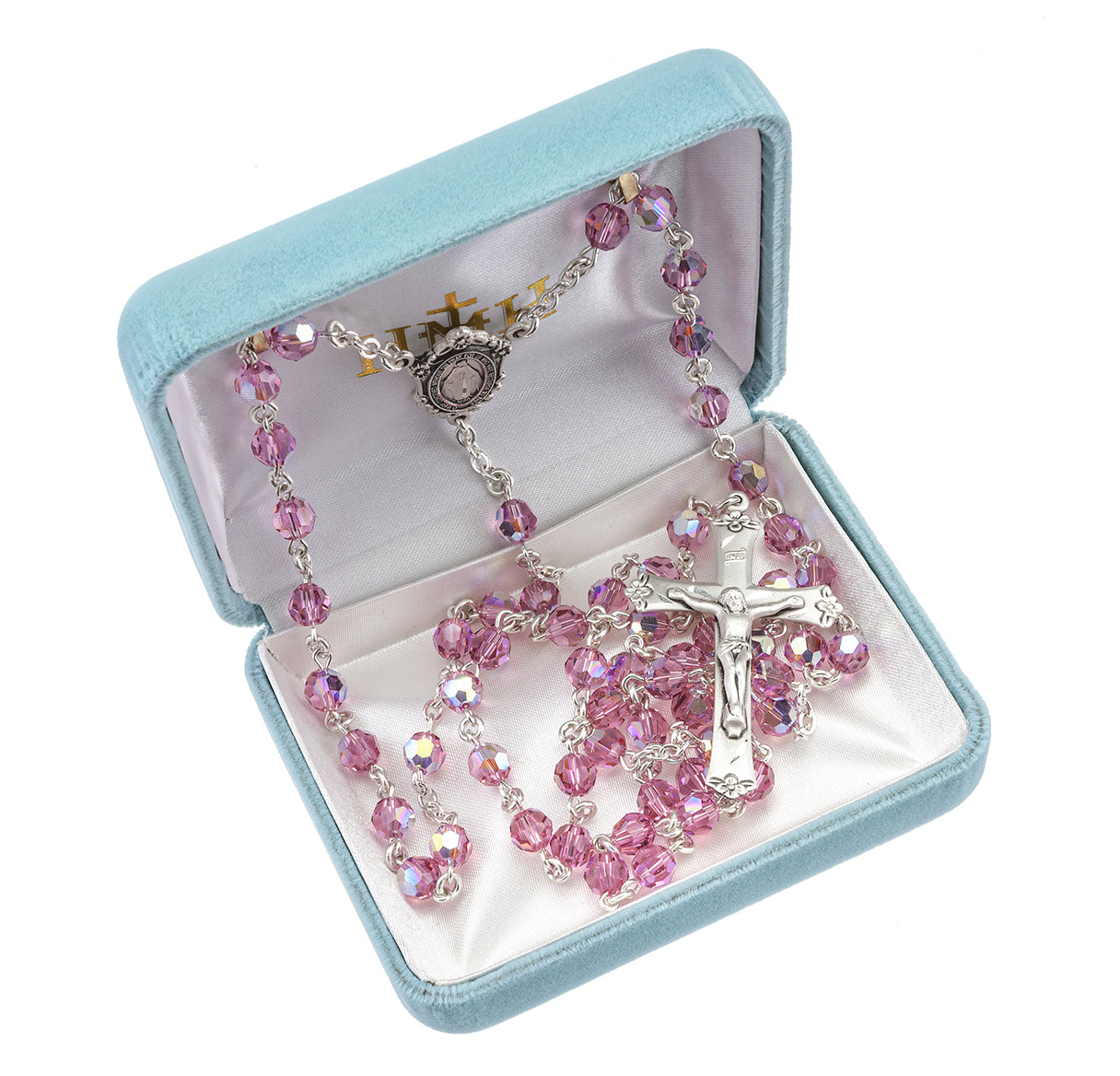 Sterling Silver Rosary Hand Made with Crystals by Swarovski® Austrian Crystal 6mm Pink Faceted Round Beads by HMH