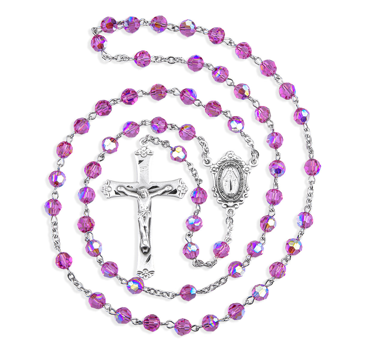 Sterling Silver Rosary Hand Made with Crystals by Swarovski® Austrian Crystal 6mm Pink Faceted Round Beads by HMH