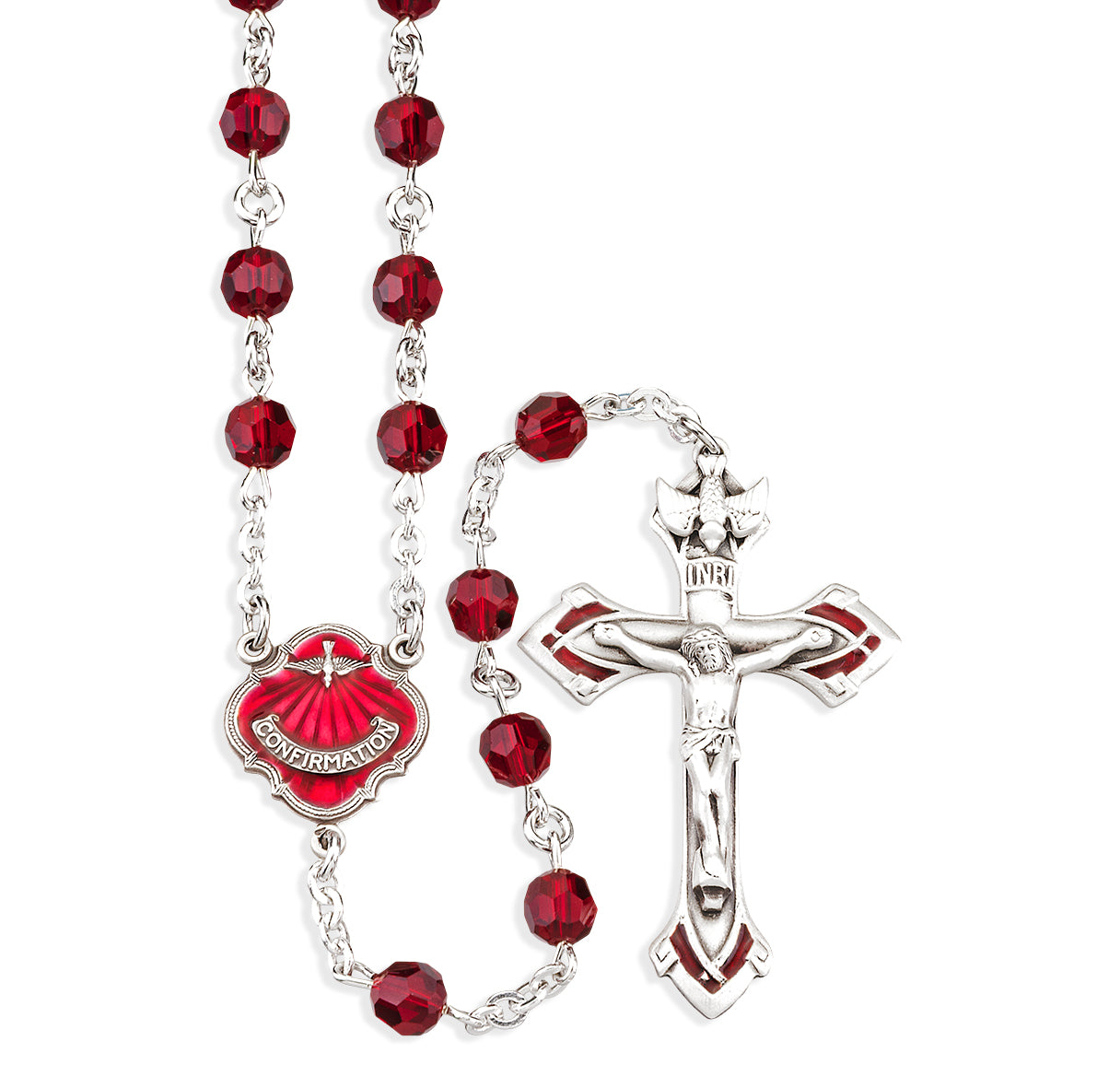 6mm Sterling Round Ruby Finest Crystal  Confirmation Rosary W/ Red Epoxy Sterling Silver Crucifix & Center-Bxd (381RD/163RD)