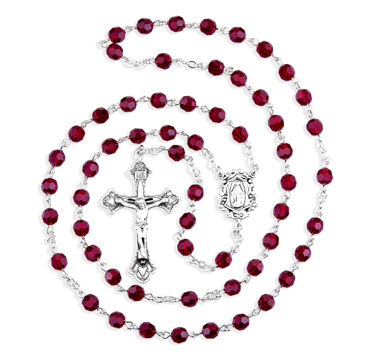 Sterling Silver Rosary Hand Made with Crystals by Swarovski® Austrian Crystal 6mm Ruby Faceted Round Beads by HMH