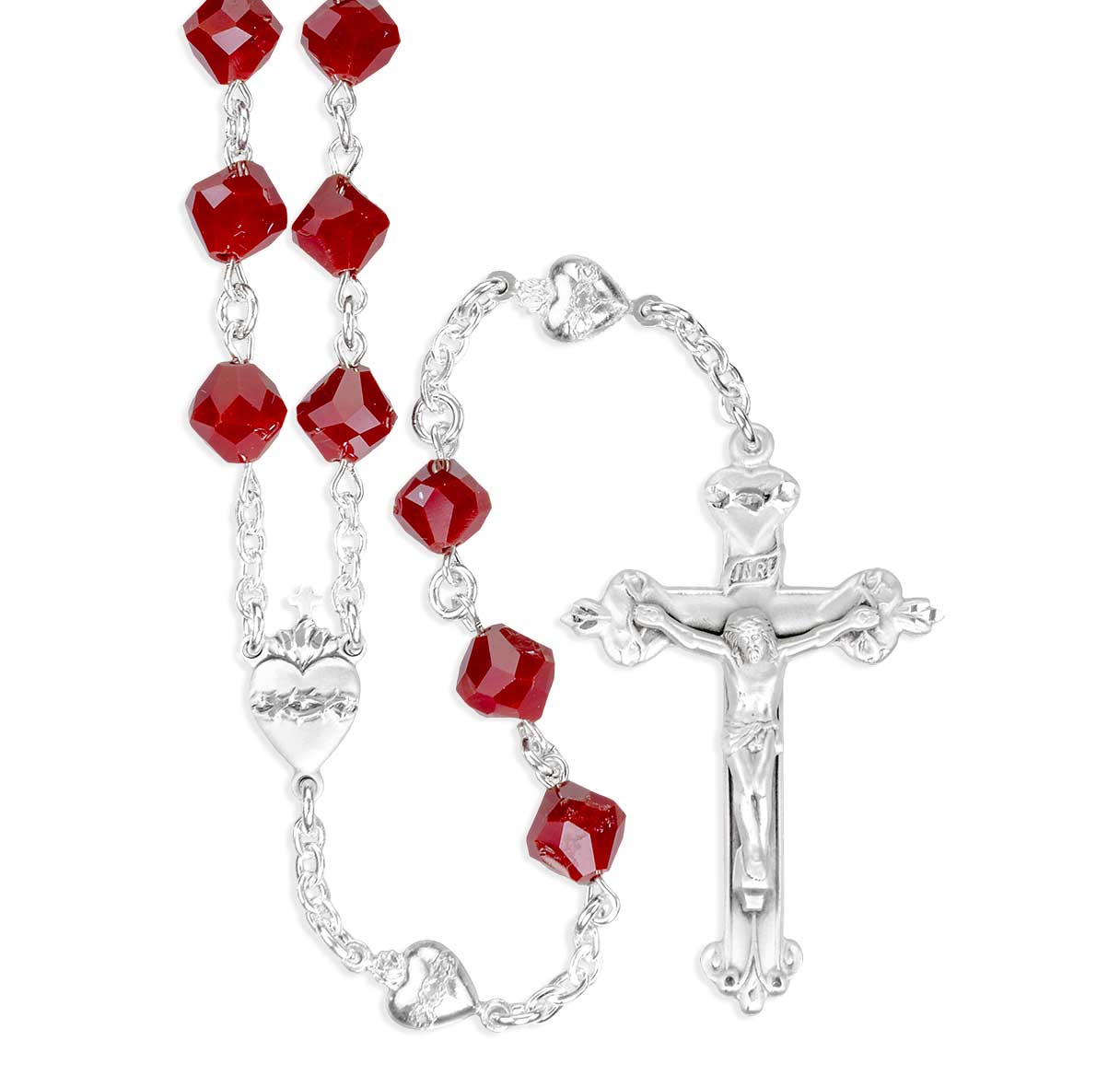 8mm Blood Red Bicone Bead Rosary W/Sterling Heart O.F. Beads-Bxd 91/120
