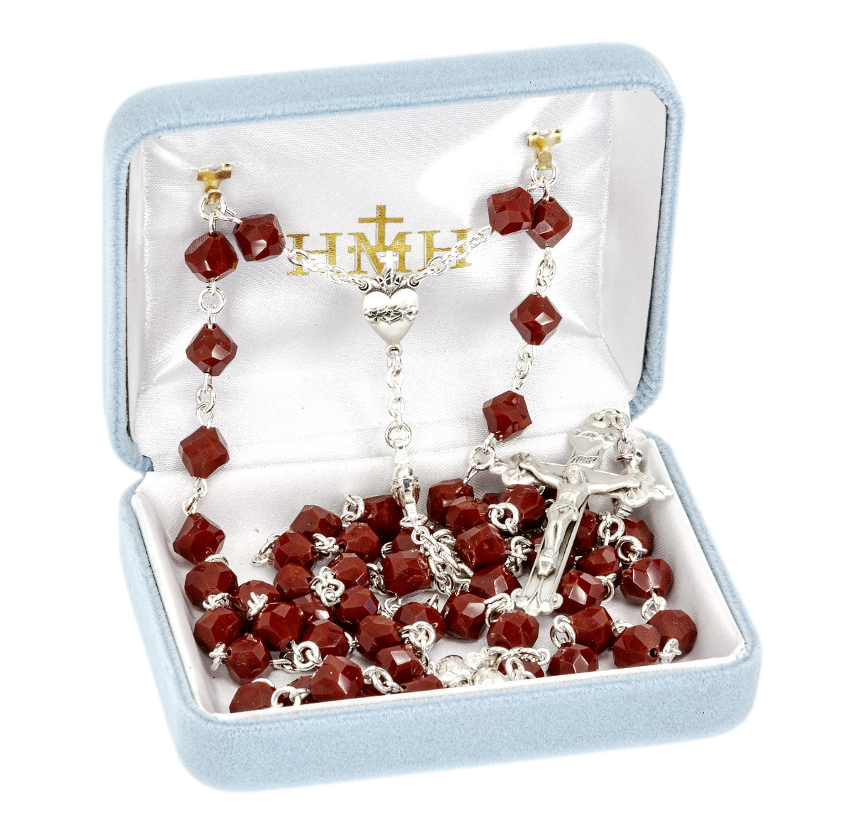 8mm Blood Red Bicone Bead Rosary W/Sterling Heart O.F. Beads-Bxd 91/120