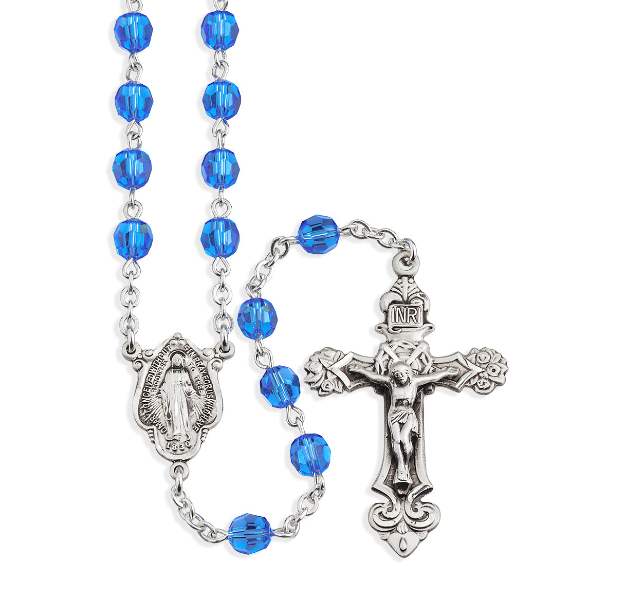 Sterling Silver Rosary Hand Made with Crystals by Swarovski® Austrian Crystal 6mm Sapphire Faceted Round Beads by HMH