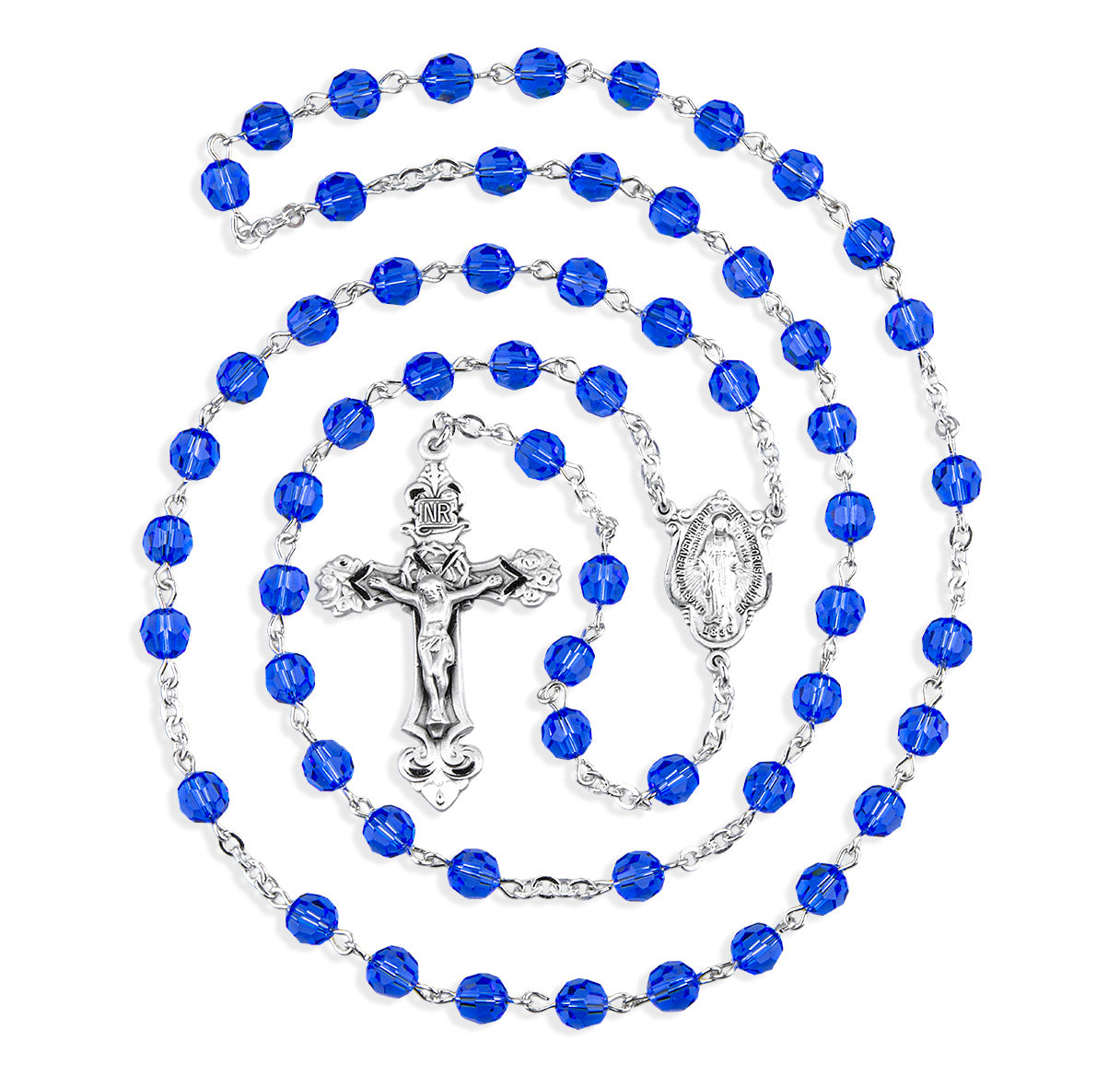 Sterling Silver Rosary Hand Made with Crystals by Swarovski® Austrian Crystal 6mm Sapphire Faceted Round Beads by HMH