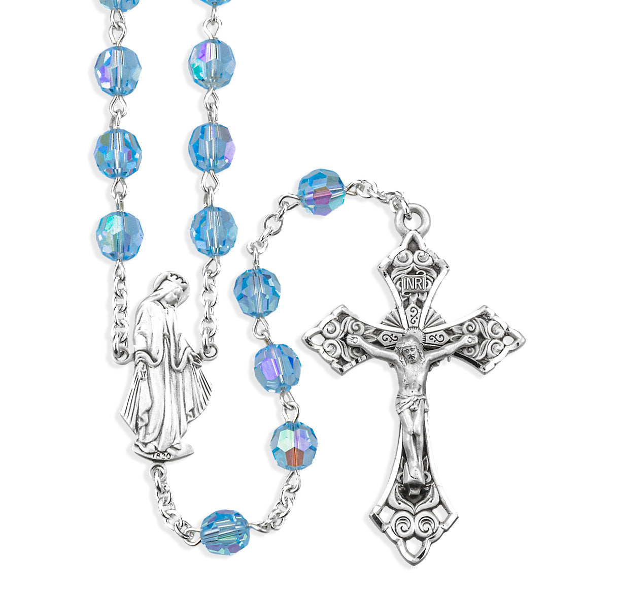 7mm Aqua Finest (AB) Sterling Silver Rosary-Bxd 387/125