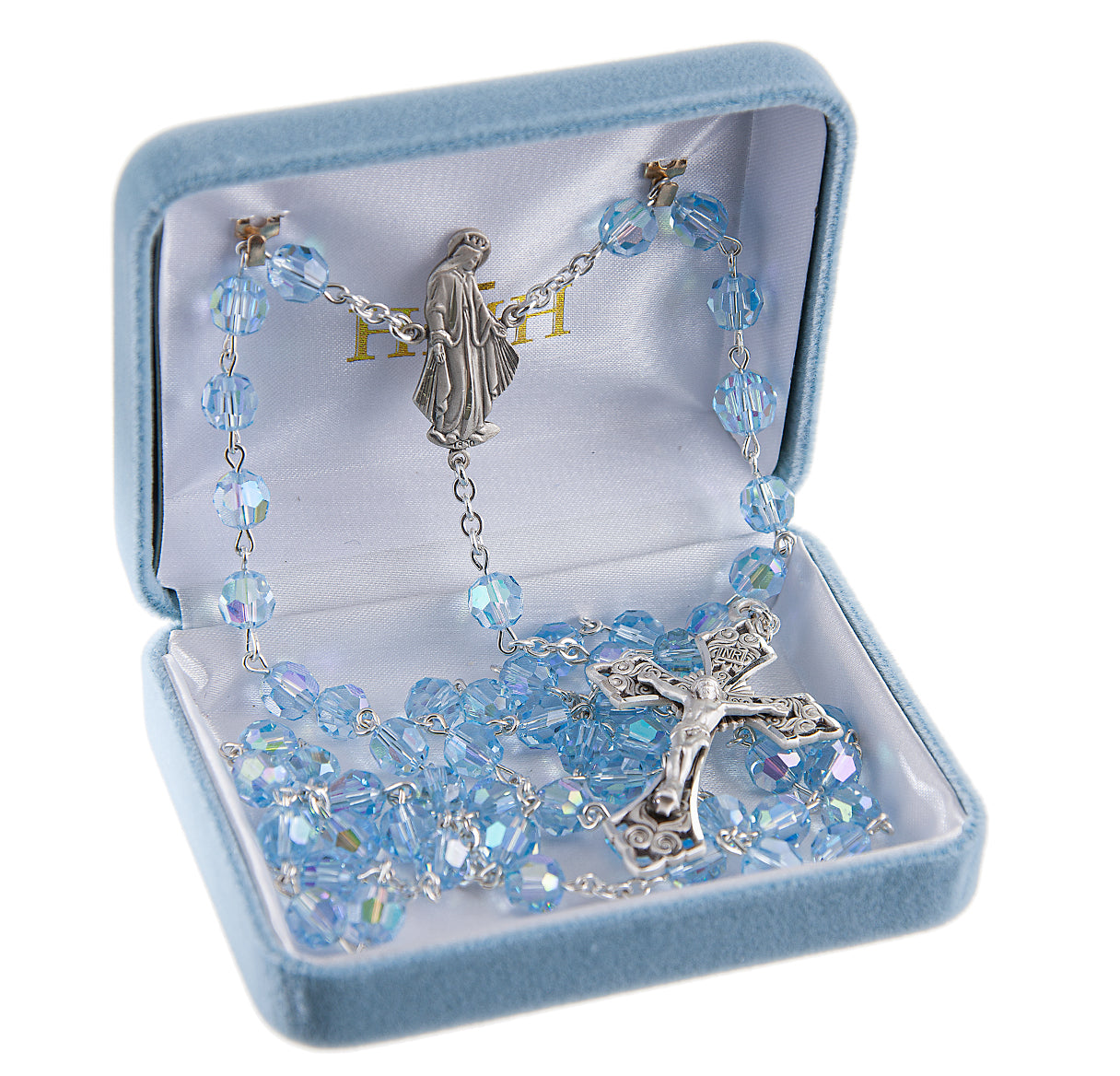 7mm Aqua Finest (AB) Sterling Silver Rosary-Bxd 387/125