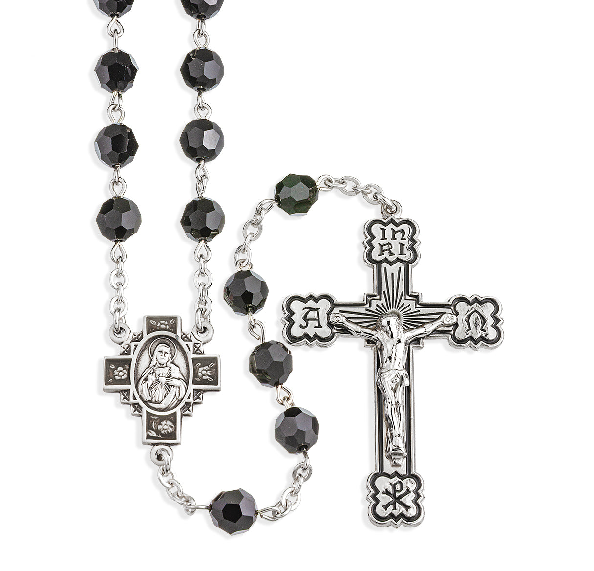 Sterling Silver Rosary Hand Made with Crystals by Swarovski® Austrian Crystal 6mm Jet Faceted Round Beads by HMH