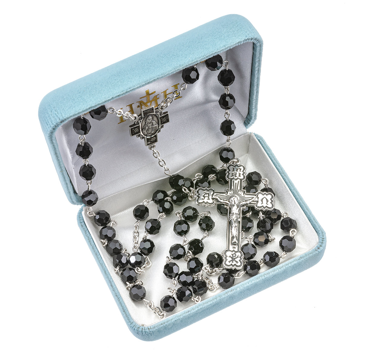 Sterling Silver Rosary Hand Made with Crystals by Swarovski® Austrian Crystal 6mm Jet Faceted Round Beads by HMH