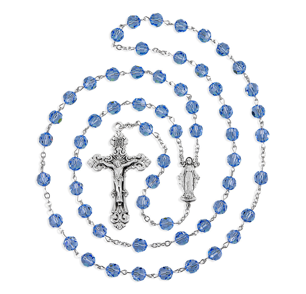 7mm Crystals by Swarovski® Light Sapphire (AB) Sterling Silver Rosary Bxd 317/156