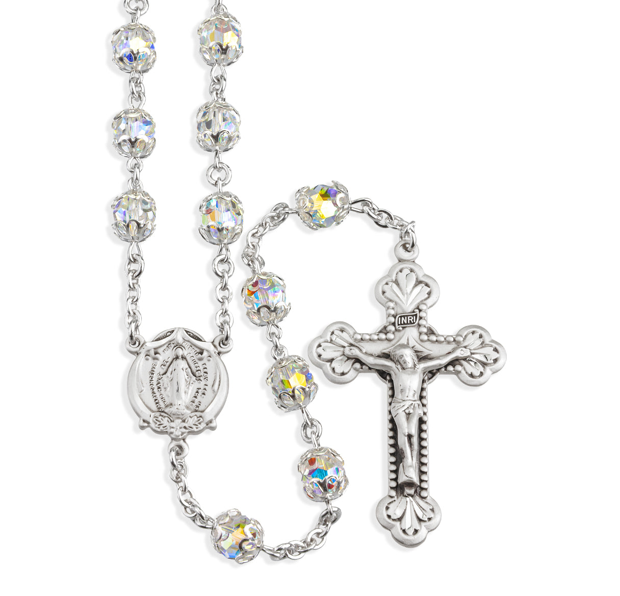 7mm Finest Crystal (AB) Sterling Silver Medium Double Capped Rosary-Bxd   82/185