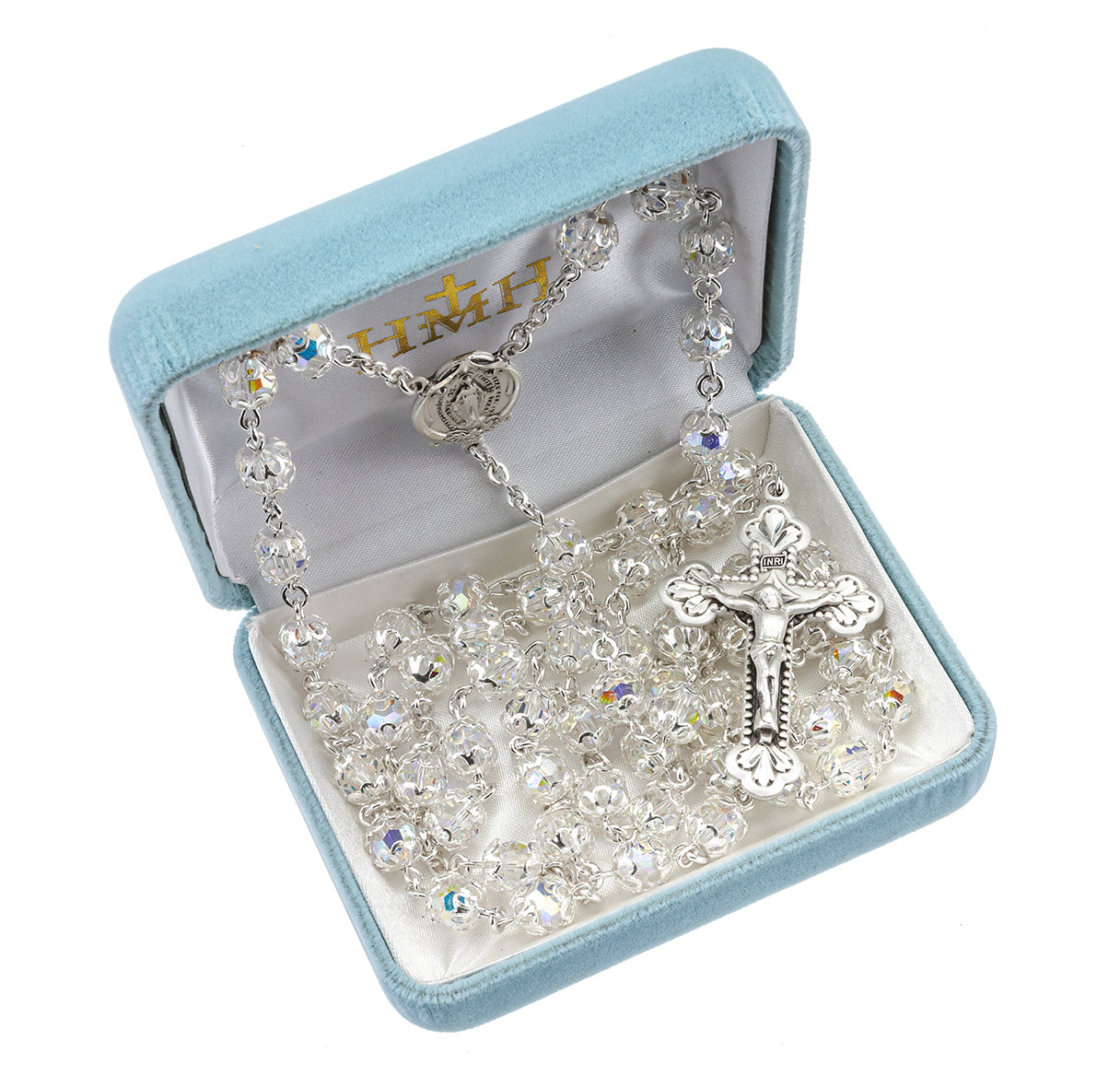 7mm Finest Crystal (AB) Sterling Silver Medium Double Capped Rosary-Bxd   82/185