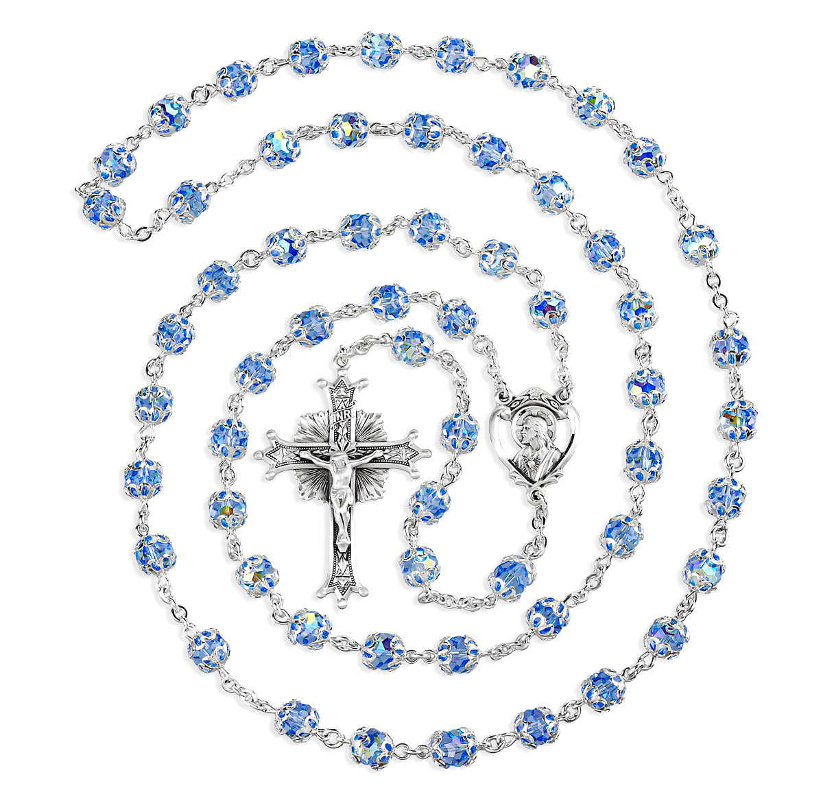 7mm Crystals by Swarovski® Light Sapphire Sterling Silver Medium Double Capped Crystal Bead Rosary-Bxd 52/178
