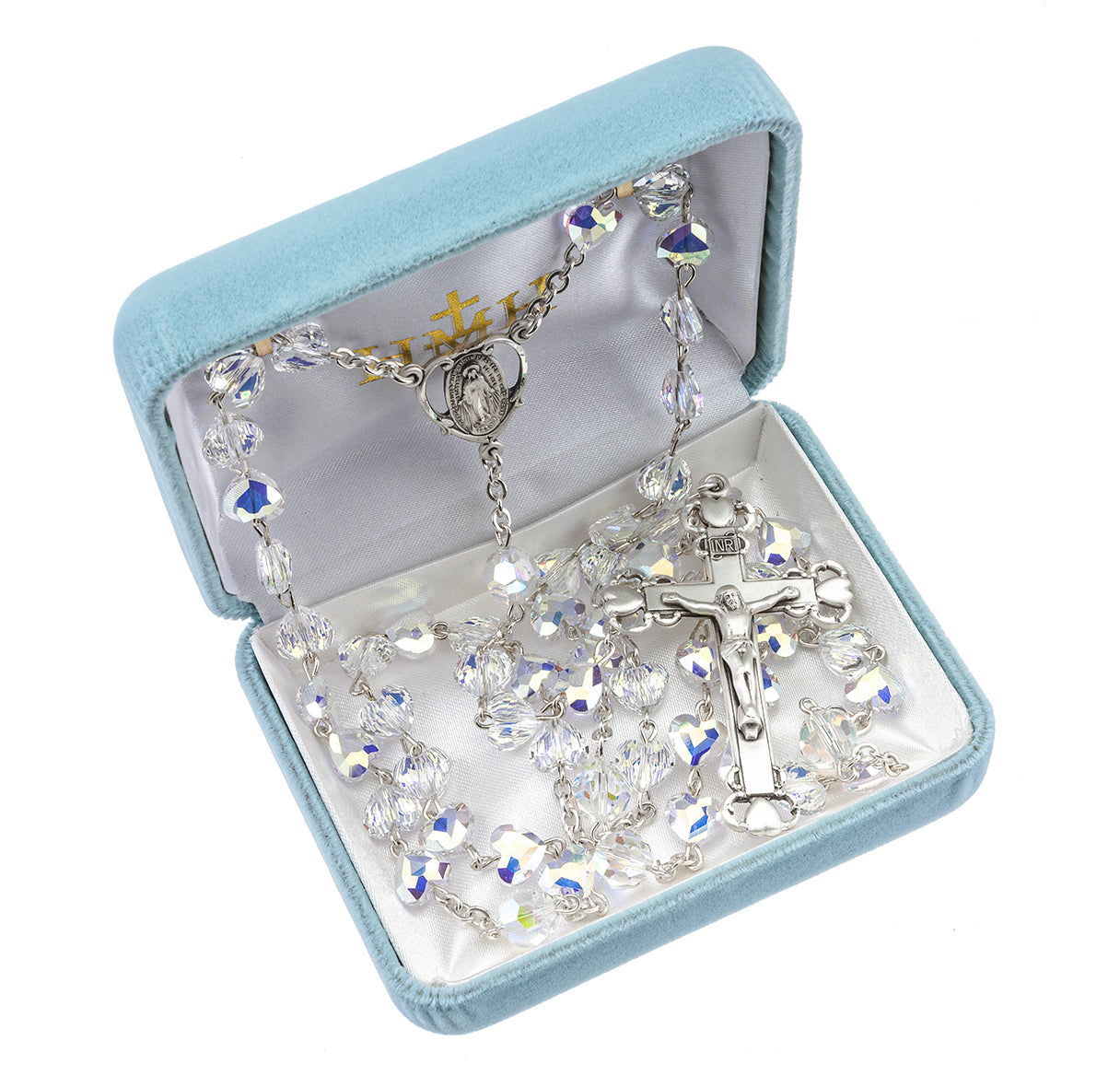 8mm Crystals by Swarovski® Crystal (AB) Heart Beads Sterling Silver Rosary With Cfx, & Ctr (210/196)-Bxd